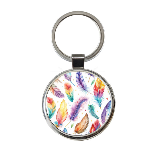 Feathers Watercolor Round Metal Keychain