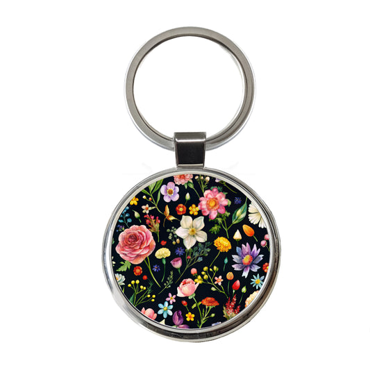 Flowers Black Background Watercolor Round Metal Keychain