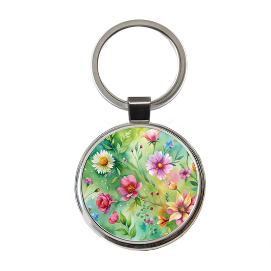 Flowers Green Background Watercolor Round Metal Keychain