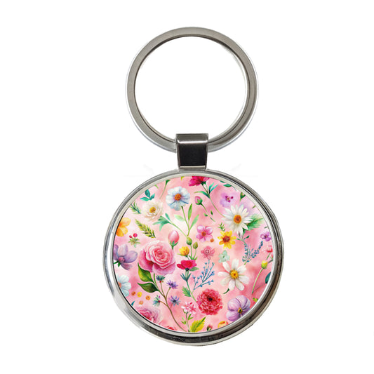 Flowers Pink Background Watercolor Round Metal Keychain