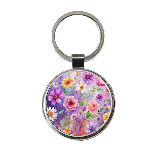 Flowers Purple Background Watercolor Round Metal Keychain
