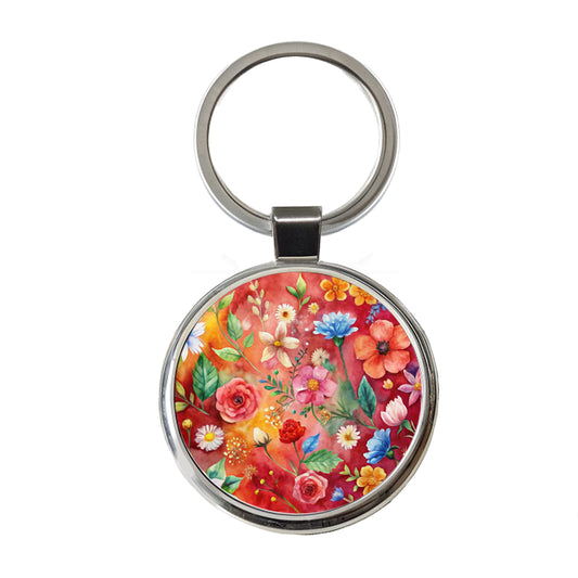 Flowers Red Background Watercolor Round Metal Keychain