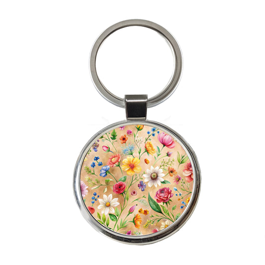 Flowers Tan Background Watercolor Round Metal Keychain
