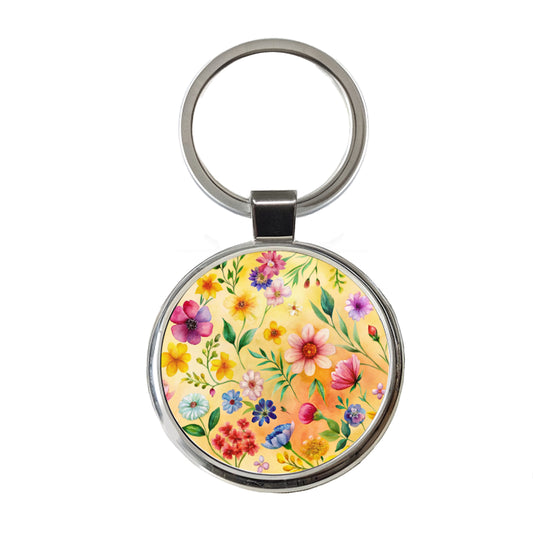 Flowers Yellow Background Watercolor Round Metal Keychain