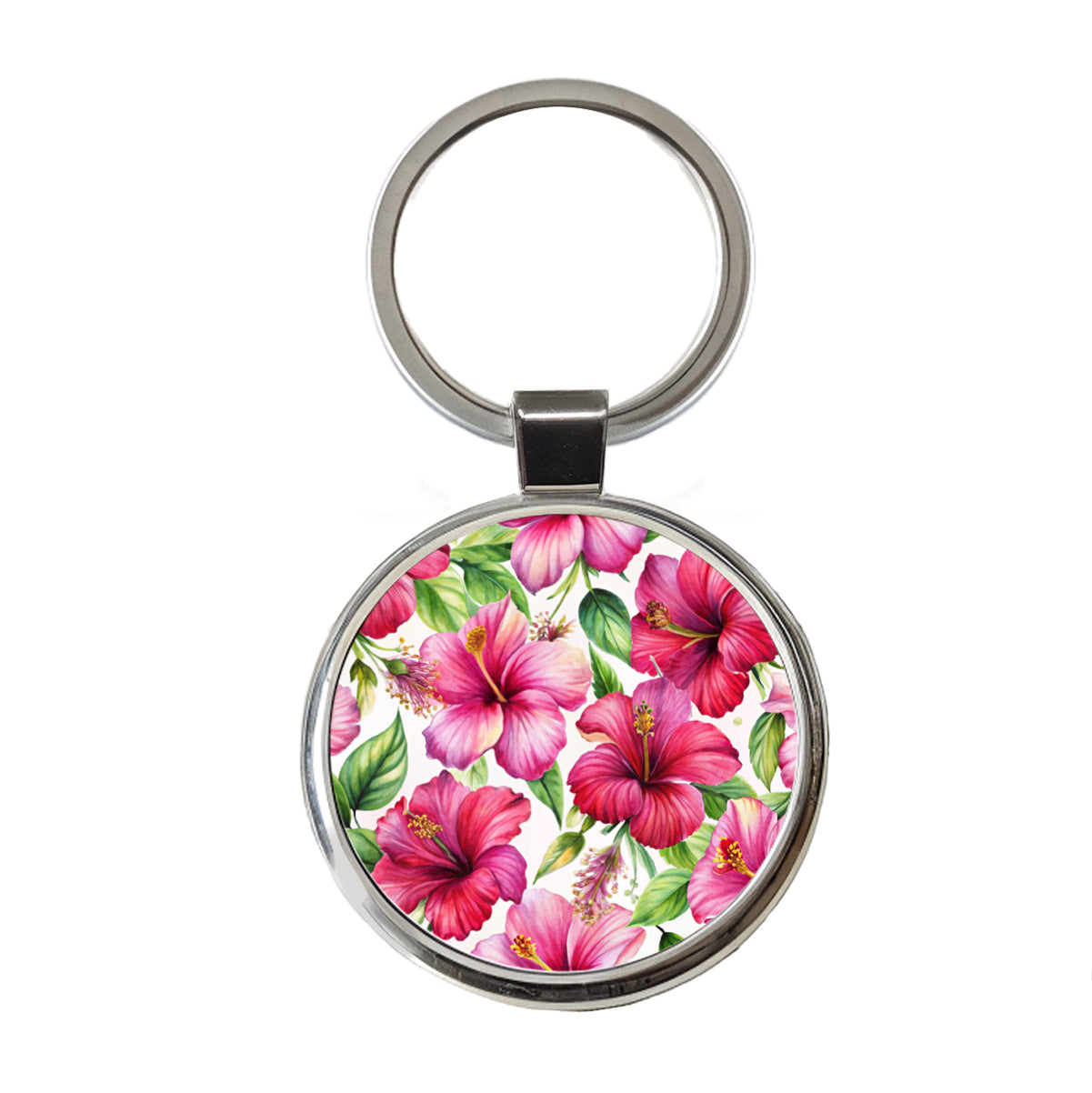 Fuchsia Hibiscus Flowers Watercolor Round Metal Keychain