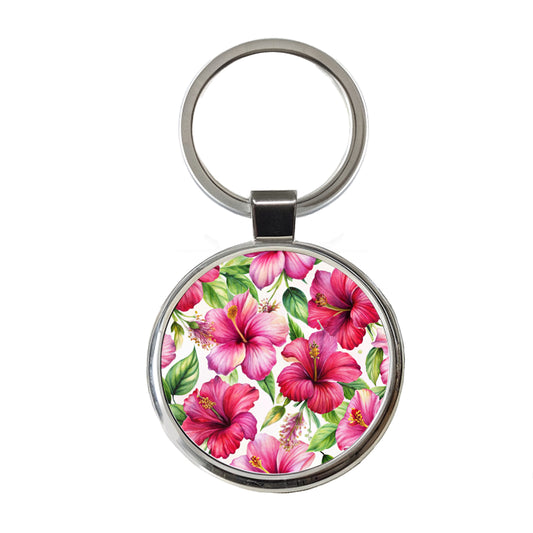 Fuchsia Hibiscus Flowers Watercolor Round Metal Keychain