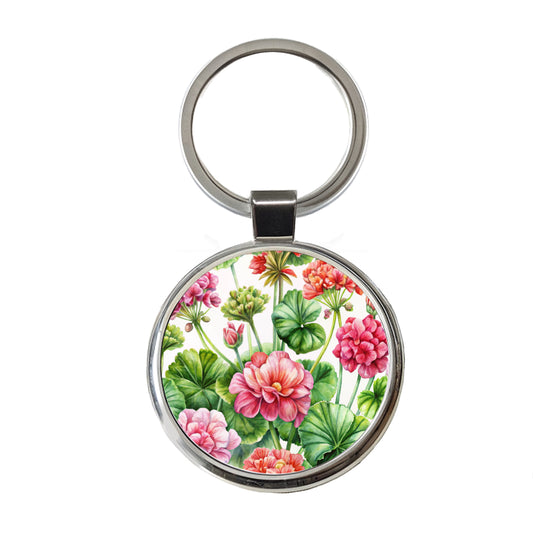 Geraniums Flowers Watercolor Round Metal Keychain