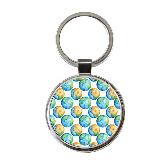 Globes Earth Pattern Watercolor Round Metal Keychain