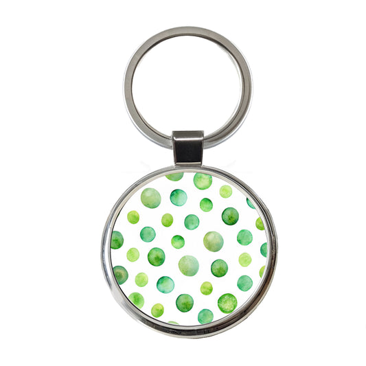Green Polka Dots Fun White Background Round Metal Keychain