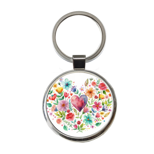 Hearts Flowers Watercolor Round Metal Keychain