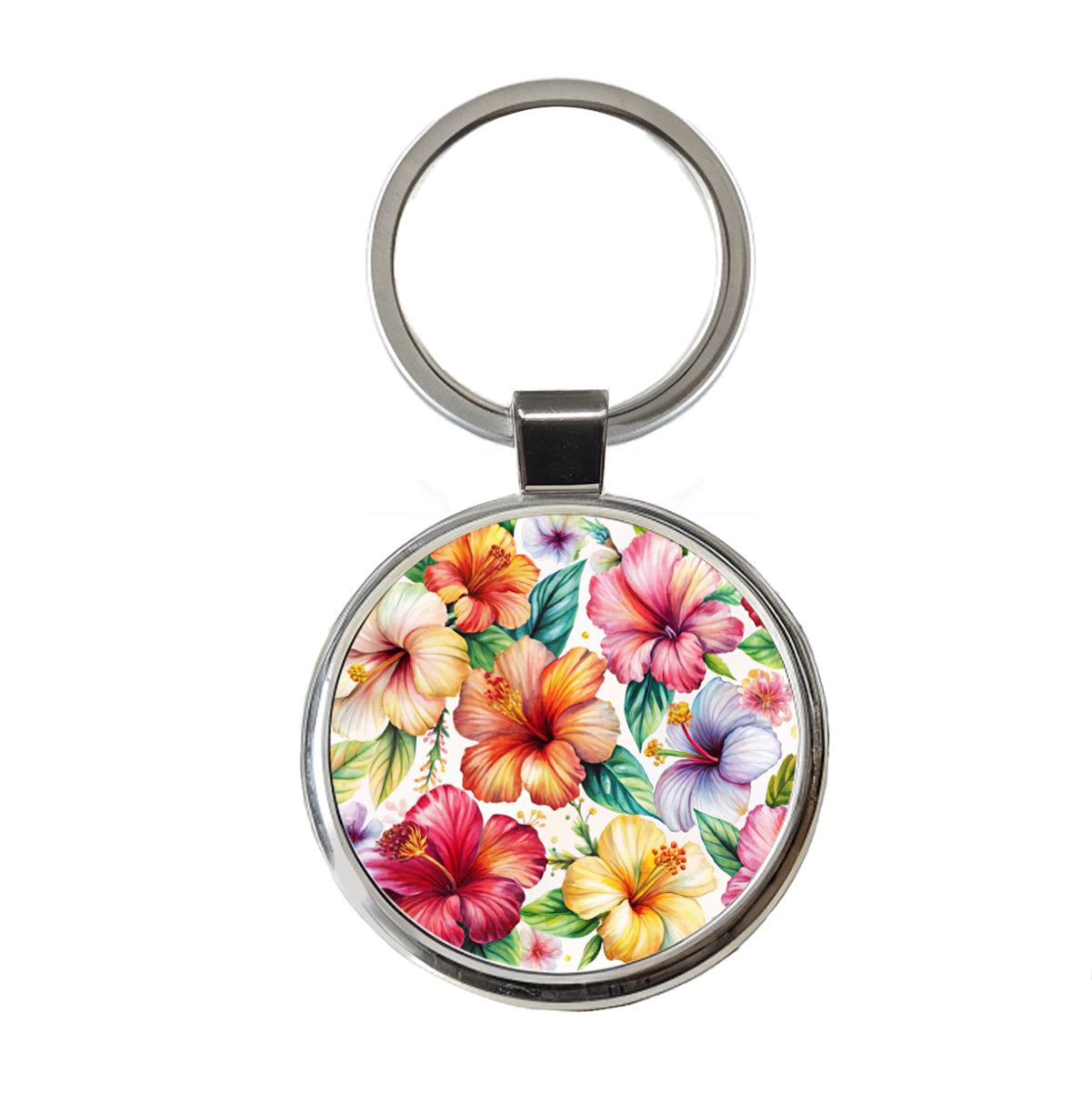 Hibiscus Tropical Flowers Watercolor Round Metal Keychain