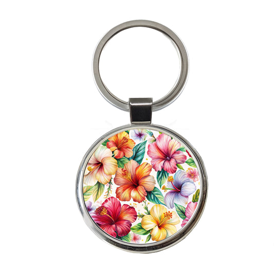 Hibiscus Tropical Flowers Watercolor Round Metal Keychain