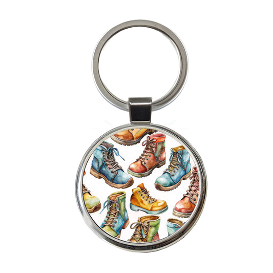 Hiking Boots Hikers Watercolor Round Metal Keychain