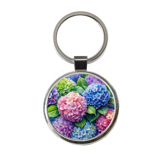 Hydrangeas Colorful Flowers Beautiful Round Metal Keychain