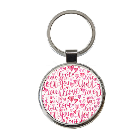 I Love You Script Pink Round Metal Keychain