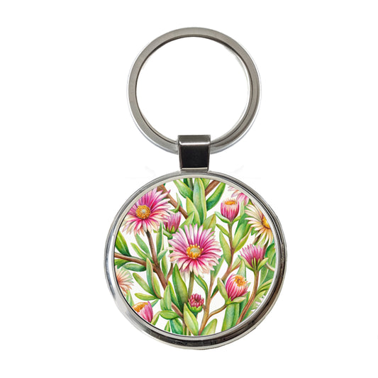 Ice Plant Flowers Watercolor Round Metal Keychain
