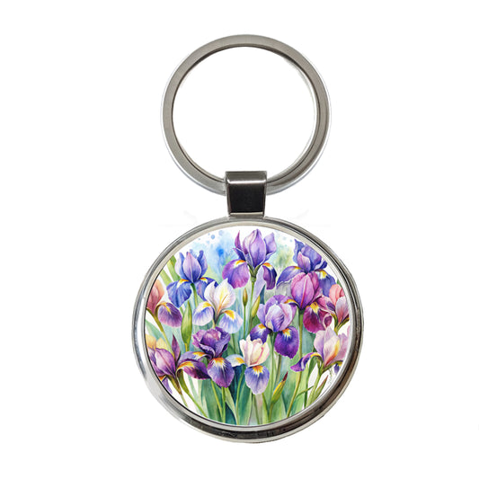 Iris Purple Pretty Flowers Watercolor Round Metal Keychain