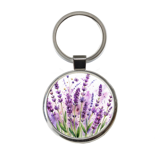 Lavender Flowers Watercolor Round Metal Keychain