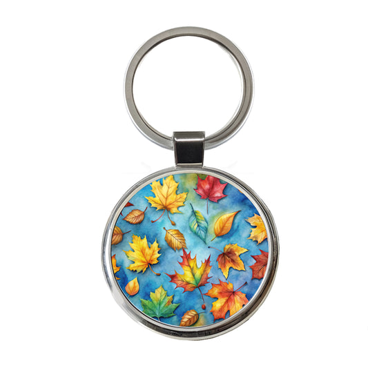 Leaves Blue Background Watercolor Round Metal Keychain