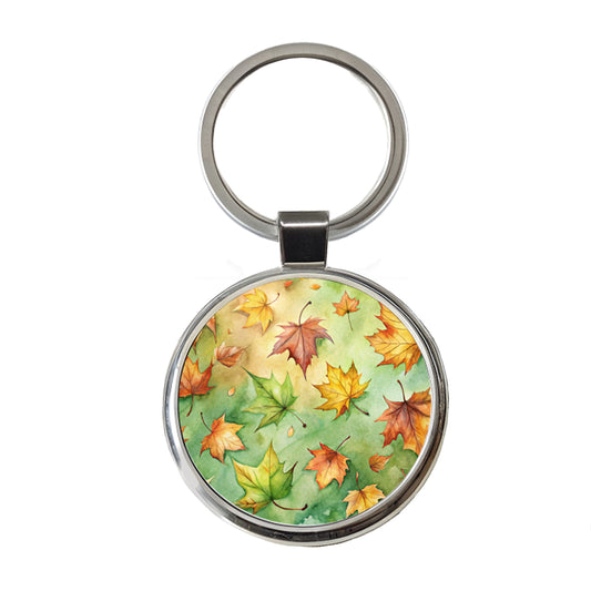 Leaves Green Background Watercolor Round Metal Keychain