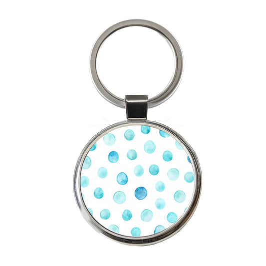 Light Blue Polka Dots White Round Metal Keychain