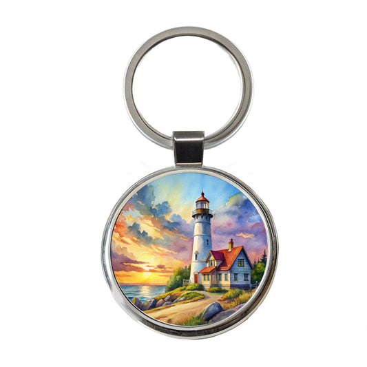 Lighthouse Beautiful Sky Watercolor Round Metal Keychain