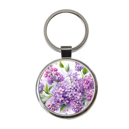 Lilac Flowers Watercolor Round Metal Keychain