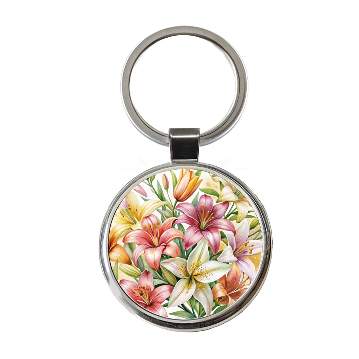 Lilies Lily Flower Watercolor Round Metal Keychain