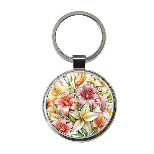 Lilies Lily Flower Watercolor Round Metal Keychain
