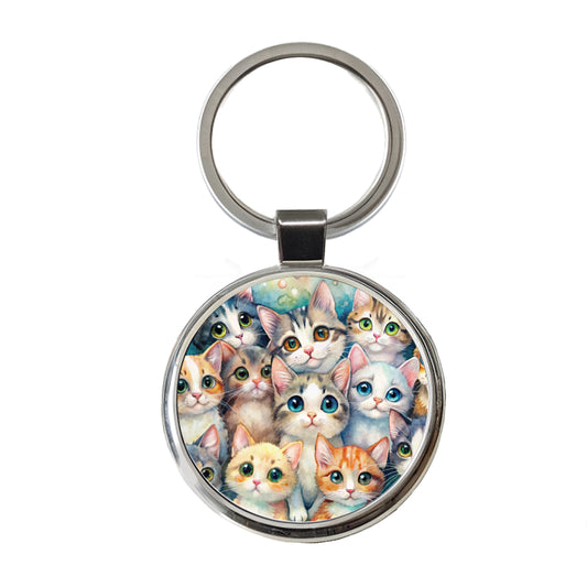 Lots Of Adorable Cats Watercolor Round Metal Keychain