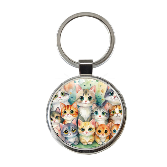 Lots Of Cute Cats Watercolor Round Metal Keychain