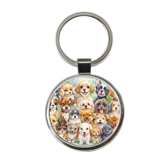 Lots Of Cute Dogs Watercolor Round Metal Keychain