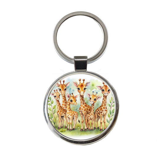 Lots Of Cute Giraffes Watercolor Round Metal Keychain