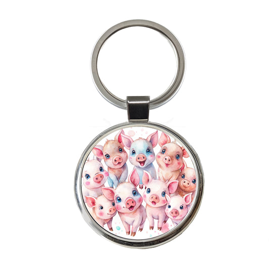 Lots Of Cute Pigs Watercolor Round Metal Keychain