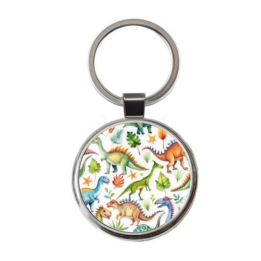 Lots Of Dinosaurs Watercolor Round Metal Keychain