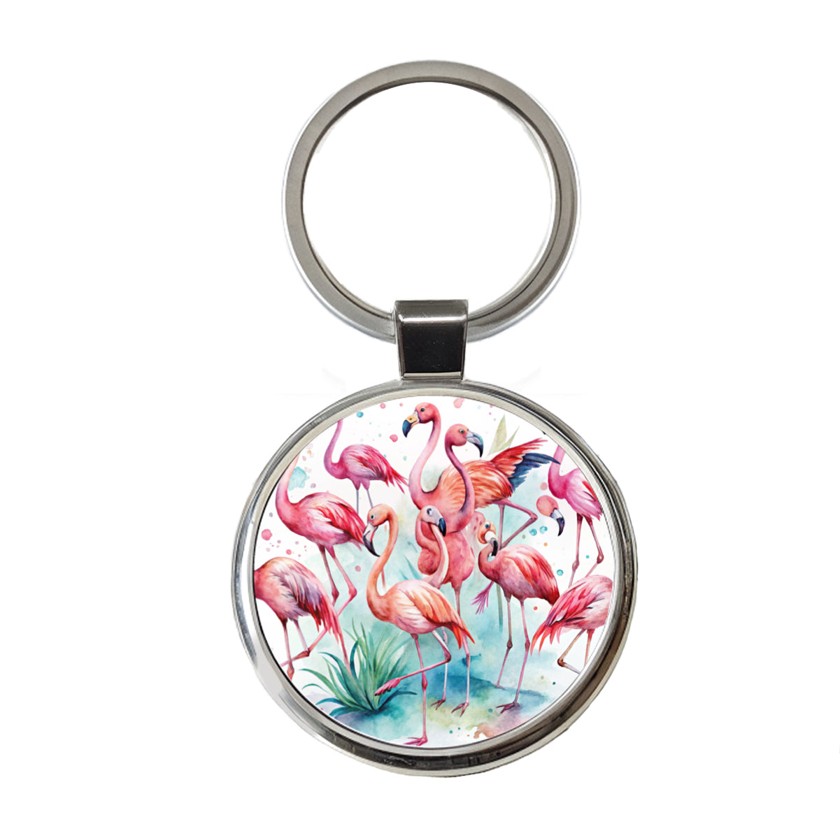 Lots Of Flamingos Watercolor Round Metal Keychain