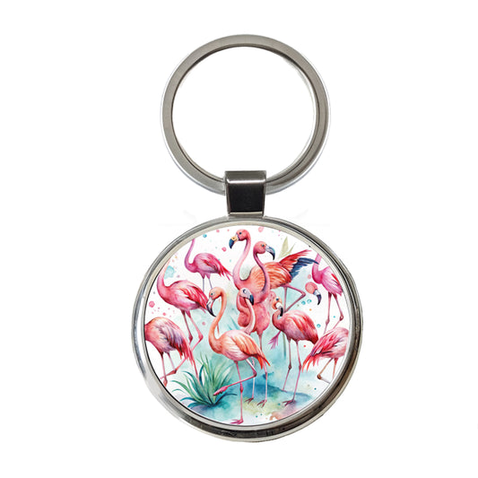 Lots Of Flamingos Watercolor Round Metal Keychain