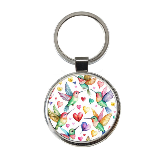 Lots Of Hummingbirds And Hearts Round Metal Keychain