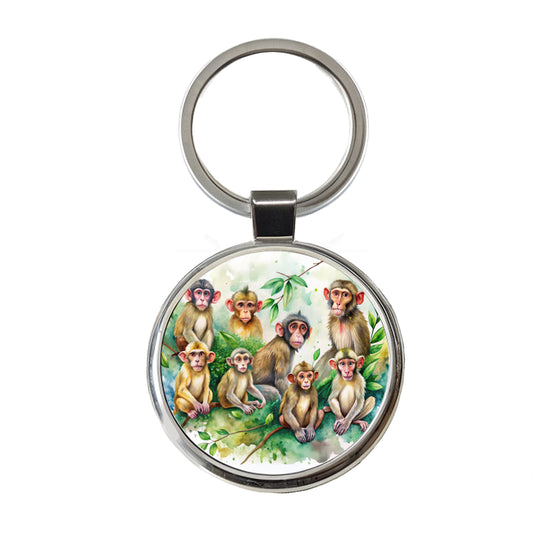 Lots Of Monkeys Watercolor Round Metal Keychain