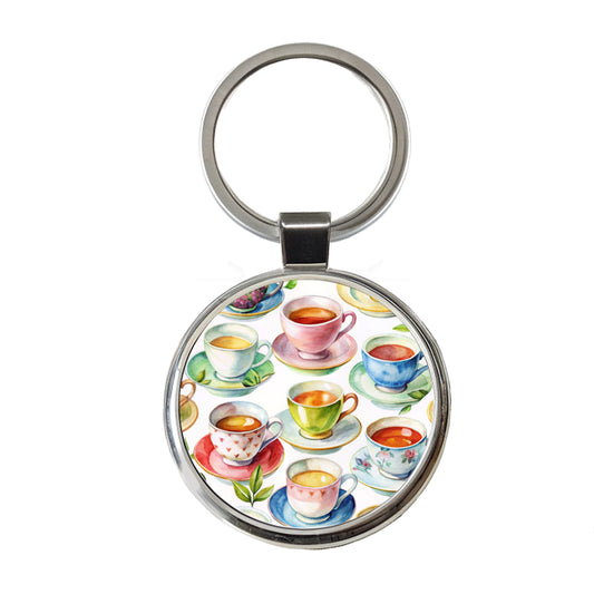 Lots Of Tea Cups Round Metal Keychain