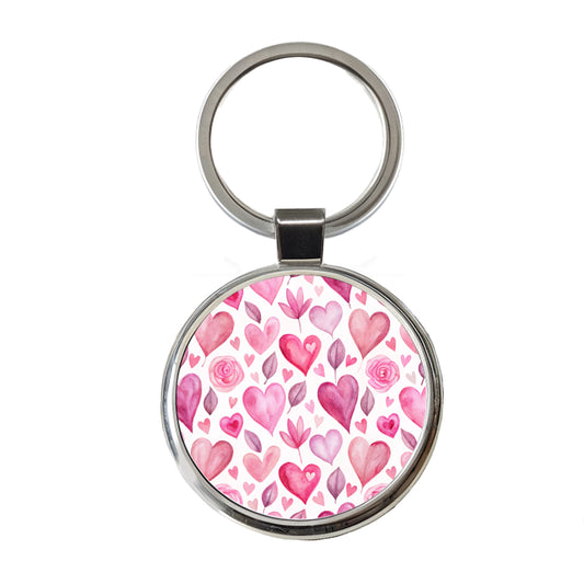 Love Pink Hearts Valentine's Day Round Metal Keychain