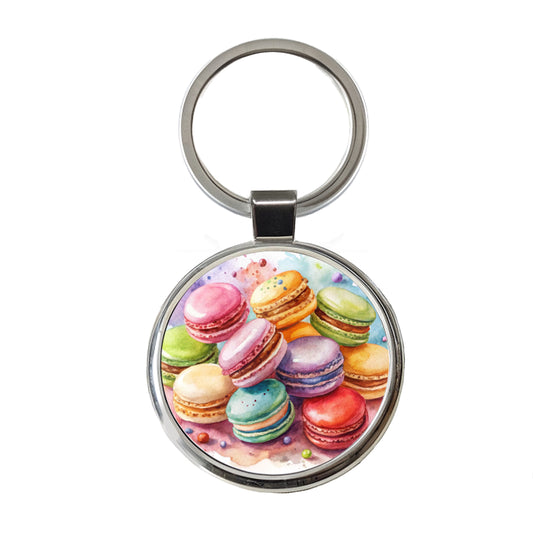 Macaron Cookies Watercolor Round Metal Keychain