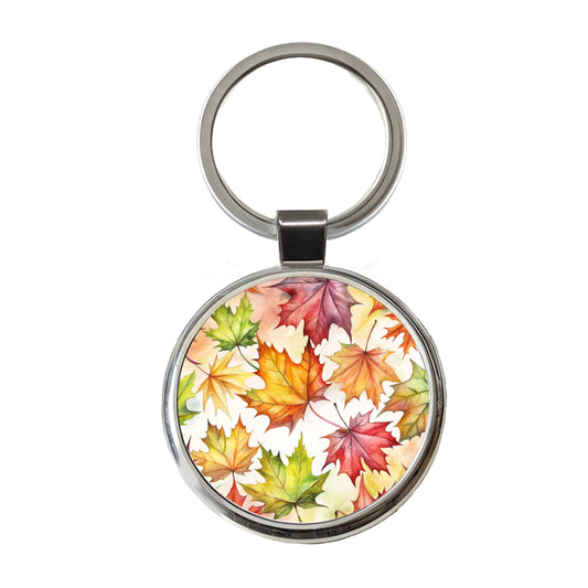 Maple Leaves Watercolor Round Metal Keychain