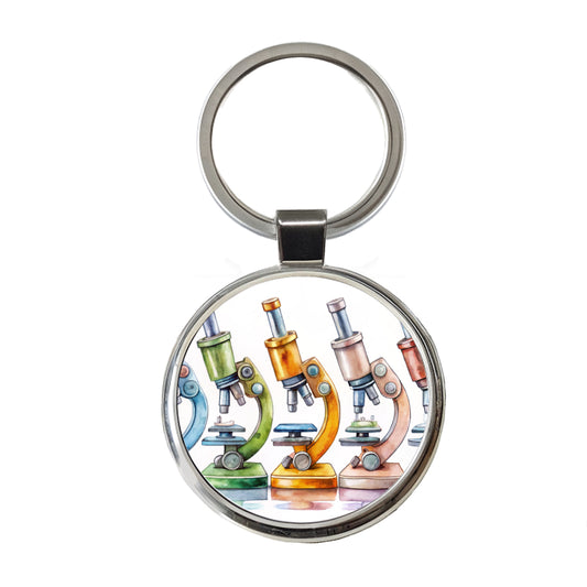 Microscopes In A Row Science Scientist Lab Anatomy Teacher Round Metal Keychain