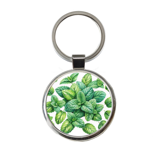 Mint Leaves Watercolor Round Metal Keychain