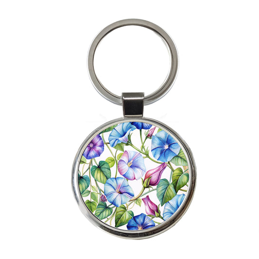 Morning Glories Flowers Watercolor Round Metal Keychain