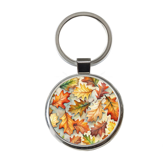 Oak Leaves Watercolor Round Metal Keychain