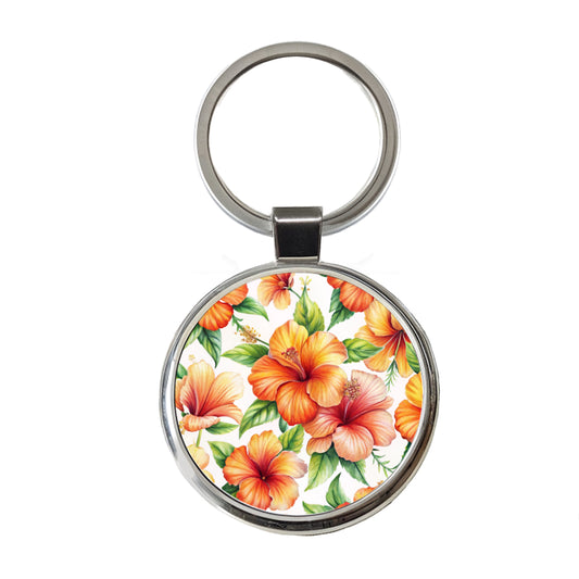 Orange Hibiscus Flowers Watercolor Round Metal Keychain
