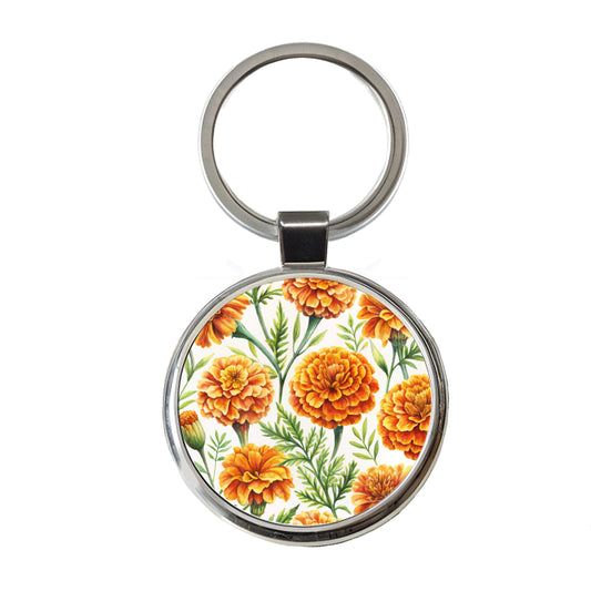 Orange Marigolds Flowers Watercolor Round Metal Keychain