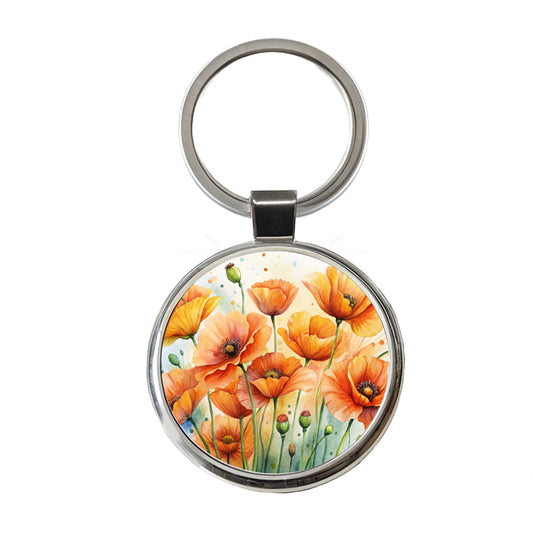 Orange Poppies Flowers Watercolor Round Metal Keychain
